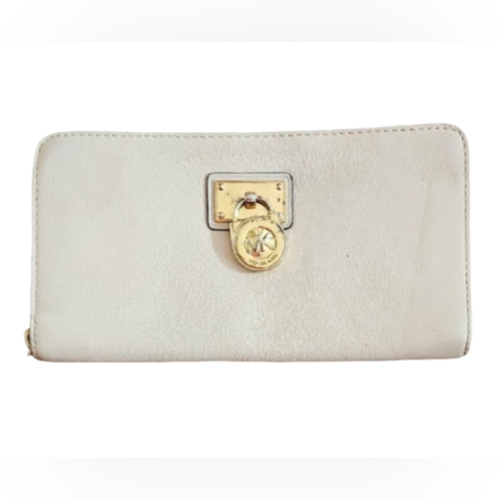 Michael Kors MK Hamilton Zip Around Wallet In Cream Gold Hardware Clutch Purse